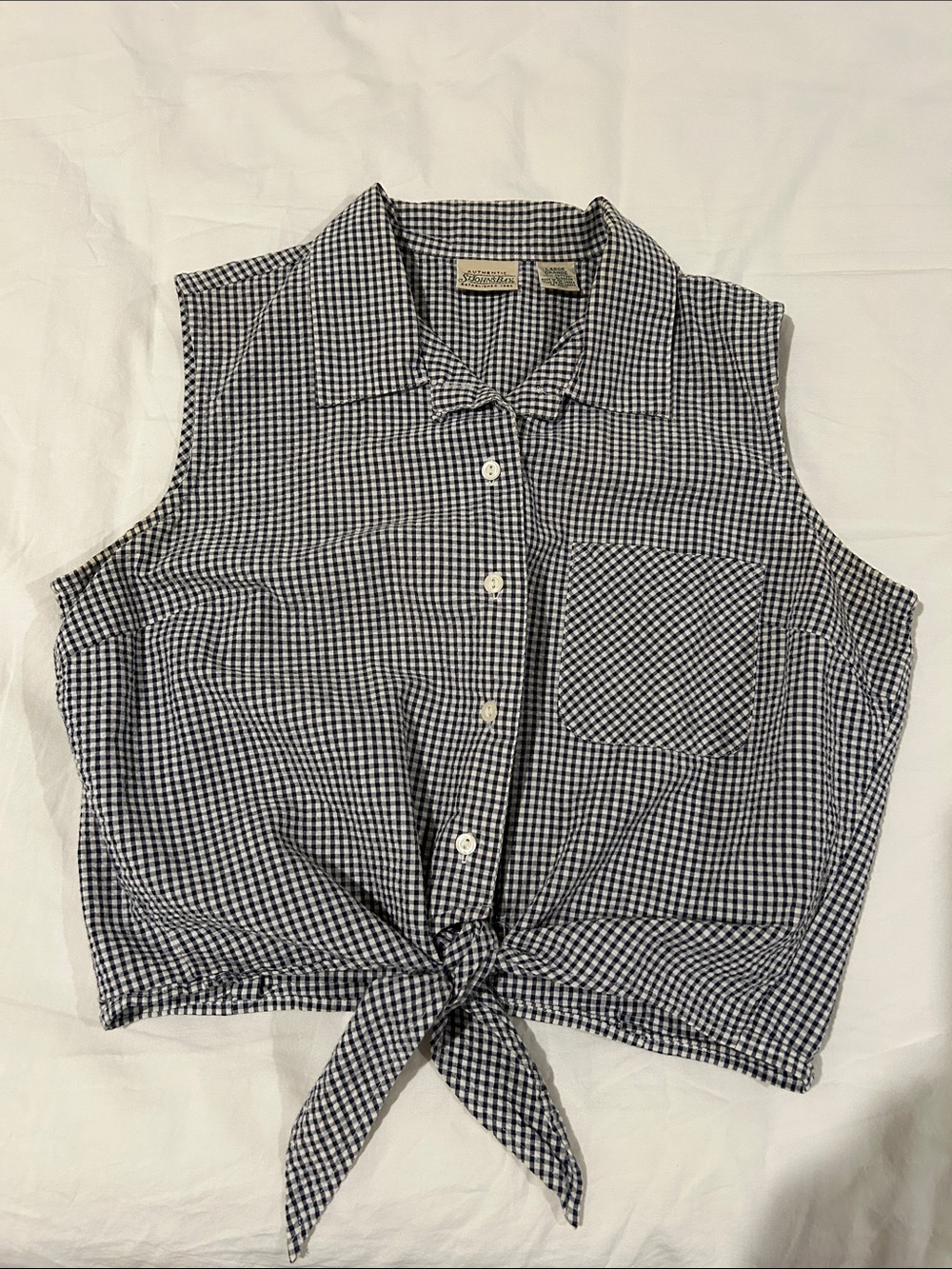 St. John's Bay Navy and White Gingham Tie-Front Sleeveless Top